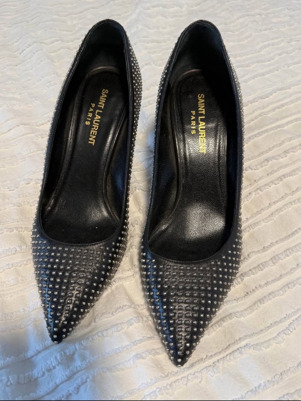 Saint Laurent Black Leather Pointed-Toe Studded heels